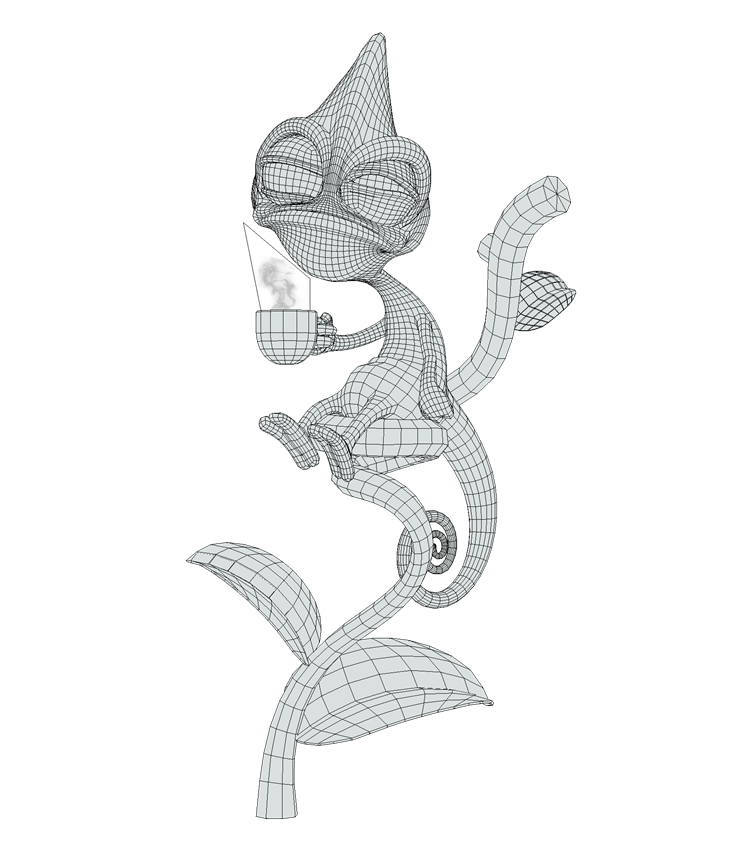 Chameleon Having Coffee, wireframe topology, by Aishwarya Pearala